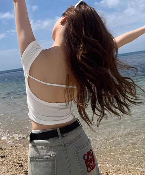 カップ付き タンクトップ バックオープン クロップドカットソー レディース 背中魅せ スリムフィットヨガウェア セクシー肌着 大人Uネック インナートップス韓国風 80FUR-001