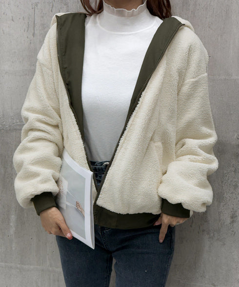 リバーシブルボアパーカージャケット韓国風 レディース もこもこボアアウター ゆったり おしゃれボアブルゾン あったかファージャケットカジュアル冬服 防寒保温暖かい 80GEGE-002