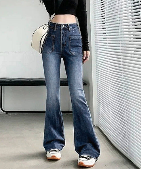 韓国風セミフレアデニムパンツ レディース ブーツカットデニム おしゃれ フロントポケットジーパン カジュアルきれいめ 細見え ハイウエストジーンズ美脚脚長 着やせ 80GUANGH-002