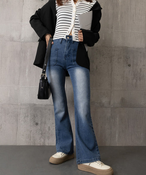 韓国風セミフレアデニムパンツ レディース ブーツカットデニム おしゃれ フロントポケットジーパン カジュアルきれいめ 細見え ハイウエストジーンズ美脚脚長 着やせ 80GUANGH-002