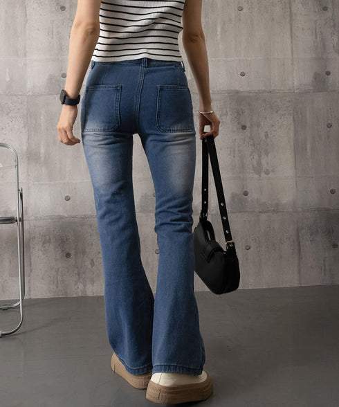 韓国風セミフレアデニムパンツ レディース ブーツカットデニム おしゃれ フロントポケットジーパン カジュアルきれいめ 細見え ハイウエストジーンズ美脚脚長 着やせ 80GUANGH-002