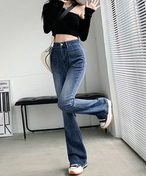 韓国風セミフレアデニムパンツ レディース ブーツカットデニム おしゃれ フロントポケットジーパン カジュアルきれいめ 細見え ハイウエストジーンズ美脚脚長 着やせ 80GUANGH-002