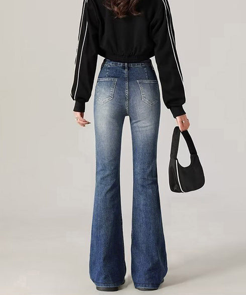 韓国風セミフレアデニムパンツ レディース ブーツカットデニム おしゃれ フロントポケットジーパン カジュアルきれいめ 細見え ハイウエストジーンズ美脚脚長 着やせ 80GUANGH-002