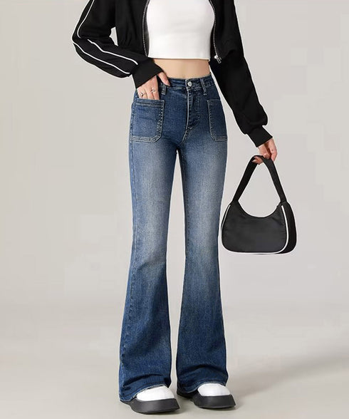 韓国風セミフレアデニムパンツ レディース ブーツカットデニム おしゃれ フロントポケットジーパン カジュアルきれいめ 細見え ハイウエストジーンズ美脚脚長 着やせ 80GUANGH-002