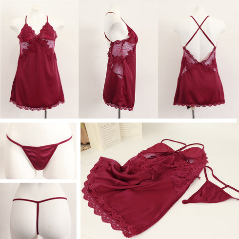 セクシー ランジェリー Tバック セット レース キャミワンピ風 ベビードール 背中あき エロい下着 ルームウェア ナイトウェアコスチューム ネグリジェ コスプレ 80GUIRUO-001