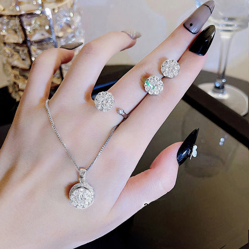 韓国 ピアス ネックレス リング 回転式 パーティーアクセサリー 3点セット 入学式 結婚式 ラインストーン スタッドピアス チェーンネックレス 指輪 サイズ調整 80HANJ-003