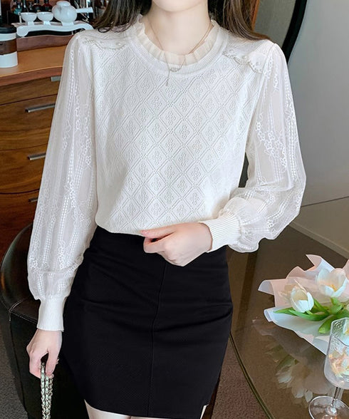 ニットトップスレース切り替えブラウス春服 レディース フリルネック レースブラウス シアー袖 ドッキングニット フェミニン ニットプルオーバー 大人可愛い 韓国風 80HONGQ-002