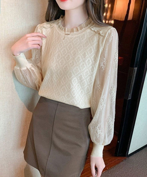 ニットトップスレース切り替えブラウス春服 レディース フリルネック レースブラウス シアー袖 ドッキングニット フェミニン ニットプルオーバー 大人可愛い 韓国風 80HONGQ-002