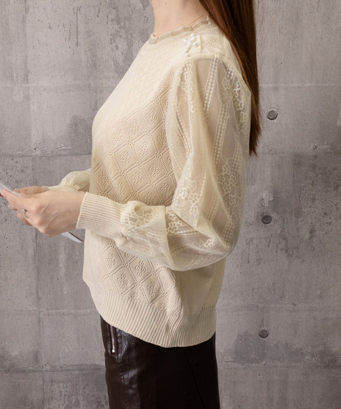 ニットトップスレース切り替えブラウス春服 レディース フリルネック レースブラウス シアー袖 ドッキングニット フェミニン ニットプルオーバー 大人可愛い 韓国風 80HONGQ-002