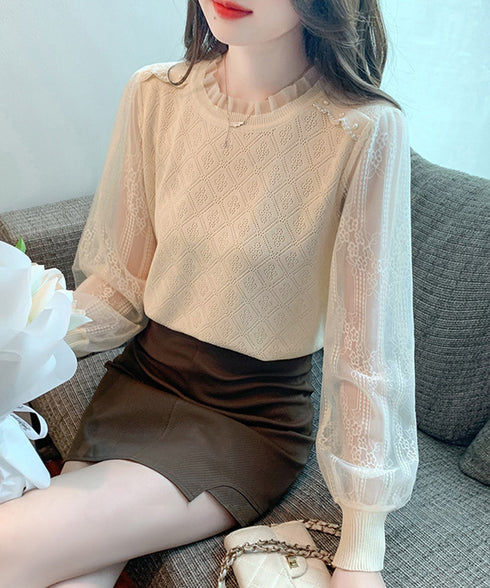 ニットトップスレース切り替えブラウス春服 レディース フリルネック レースブラウス シアー袖 ドッキングニット フェミニン ニットプルオーバー 大人可愛い 韓国風 80HONGQ-002