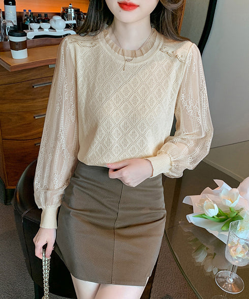 ニットトップスレース切り替えブラウス春服 レディース フリルネック レースブラウス シアー袖 ドッキングニット フェミニン ニットプルオーバー 大人可愛い 韓国風 80HONGQ-002