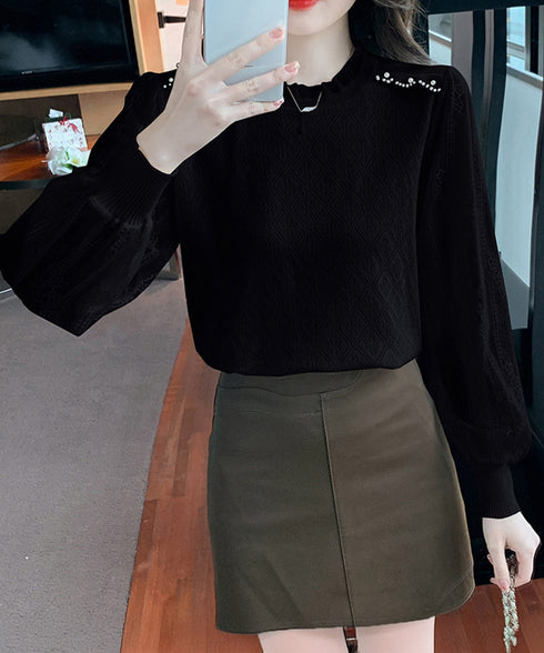 ニットトップスレース切り替えブラウス春服 レディース フリルネック レースブラウス シアー袖 ドッキングニット フェミニン ニットプルオーバー 大人可愛い 韓国風 80HONGQ-002