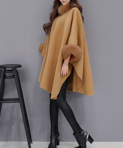 ファー付きケープコート レディース 韓国 ポンチョコート カシミヤウールタッチ マントコート 女優コート きれいめ お嬢様アウター暖かい 高見え 羽織りもの 秋冬 80HUASU-001