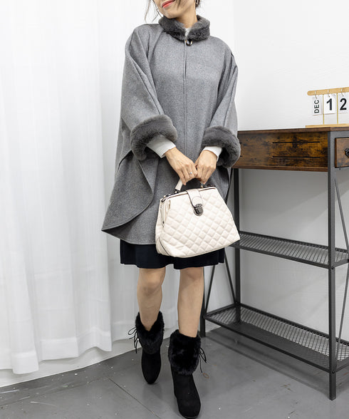 ファー付きケープコート レディース 韓国 ポンチョコート カシミヤウールタッチ マントコート 女優コート きれいめ お嬢様アウター暖かい 高見え 羽織りもの 秋冬 80HUASU-001