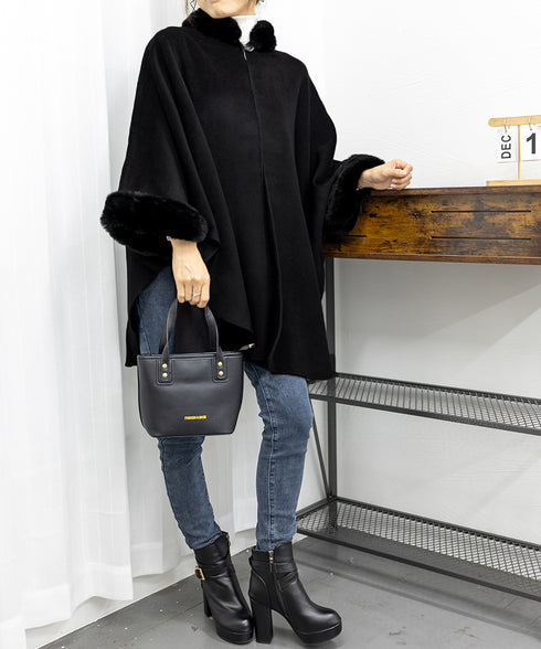 ファー付きケープコート レディース 韓国 ポンチョコート カシミヤウールタッチ マントコート 女優コート きれいめ お嬢様アウター暖かい 高見え 羽織りもの 秋冬 80HUASU-001