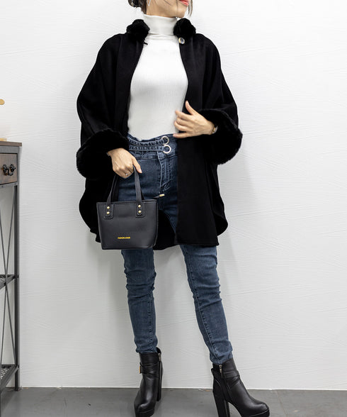 ファー付きケープコート レディース 韓国 ポンチョコート カシミヤウールタッチ マントコート 女優コート きれいめ お嬢様アウター暖かい 高見え 羽織りもの 秋冬 80HUASU-001