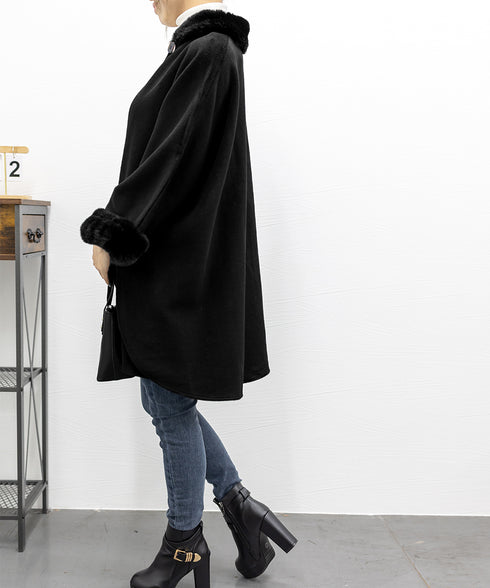 ファー付きケープコート レディース 韓国 ポンチョコート カシミヤウールタッチ マントコート 女優コート きれいめ お嬢様アウター暖かい 高見え 羽織りもの 秋冬 80HUASU-001