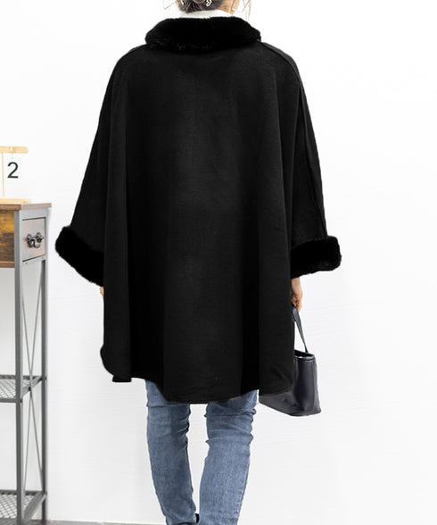 ファー付きケープコート レディース 韓国 ポンチョコート カシミヤウールタッチ マントコート 女優コート きれいめ お嬢様アウター暖かい 高見え 羽織りもの 秋冬 80HUASU-001