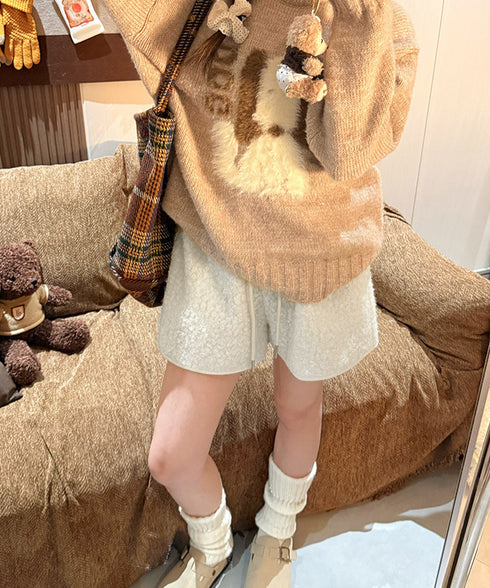 ボアショートパンツ もこもこルームパンツ レディース 暖かい短パン ポケット付き 秋冬起毛ショーパン ウエストゴム部屋着 シープボア調 ルームパンツ ハイウエスト 80JIALIANG-001