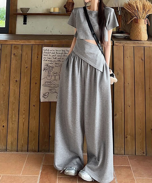 クロップド丈トップス ワイドパンツセット 半袖トップス ハイウエストイージーパンツ ヒップカバ付きー2点セットアップ 大人カジュアル 肌見せ上下セット 体型カバー 80JIANAI-001