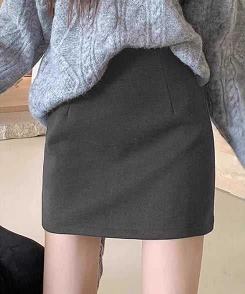 ウールライクミニタイトスカート 美脚脚長 ハイウエストスカートレディース 膝上丈Aラインスカート ウール風ショートスカート インパン裏地付きスカート 可愛い 無地 80JIY-001