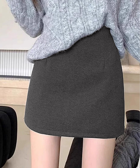 ウールライクミニタイトスカート 美脚脚長 ハイウエストスカートレディース 膝上丈Aラインスカート ウール風ショートスカート インパン裏地付きスカート 可愛い 無地 80JIY-001