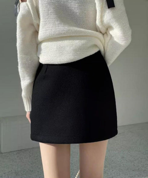 ウールライクミニタイトスカート 美脚脚長 ハイウエストスカートレディース 膝上丈Aラインスカート ウール風ショートスカート インパン裏地付きスカート 可愛い 無地 80JIY-001