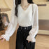 レディース ニットトップス 韓国 秋服 vネック ニットソー ぽわん袖 シースルー シフォン袖 異素材切替 トップス きれいめ ケーブル編み セーター 大人 80JMM-001