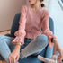レディース ニットトップス 韓国 秋服 vネック ニットソー ぽわん袖 シースルー シフォン袖 異素材切替 トップス きれいめ ケーブル編み セーター 大人 80JMM-001