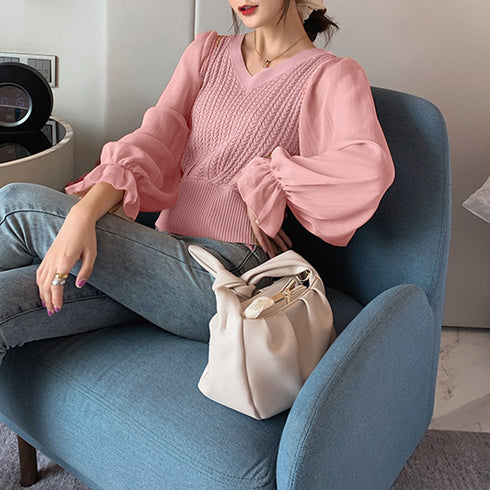 レディース ニットトップス 韓国 秋服 vネック ニットソー ぽわん袖 シースルー シフォン袖 異素材切替 トップス きれいめ ケーブル編み セーター 大人 80JMM-001