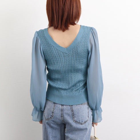 レディース ニットトップス 韓国 秋服 vネック ニットソー ぽわん袖 シースルー シフォン袖 異素材切替 トップス きれいめ ケーブル編み セーター 大人 80JMM-001