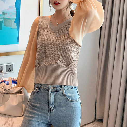 レディース ニットトップス 韓国 秋服 vネック ニットソー ぽわん袖 シースルー シフォン袖 異素材切替 トップス きれいめ ケーブル編み セーター 大人 80JMM-001