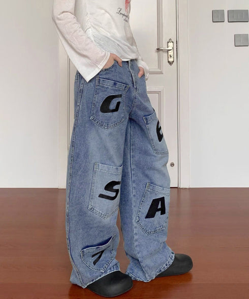 ロゴポケットカーブデニムパンツメンズ人気 ヴィンテージバギーデニム アメカジデニム ストレートパンツかっこいい ワイドデニム古着風 Y2Kストリート長ズボン着やせ 80JQFS-001
