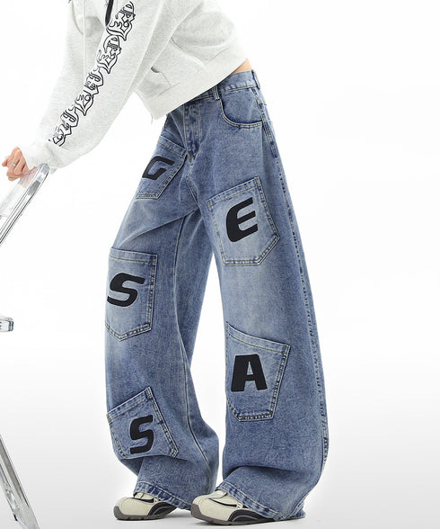ロゴポケットカーブデニムパンツメンズ人気 ヴィンテージバギーデニム アメカジデニム ストレートパンツかっこいい ワイドデニム古着風 Y2Kストリート長ズボン着やせ 80JQFS-001