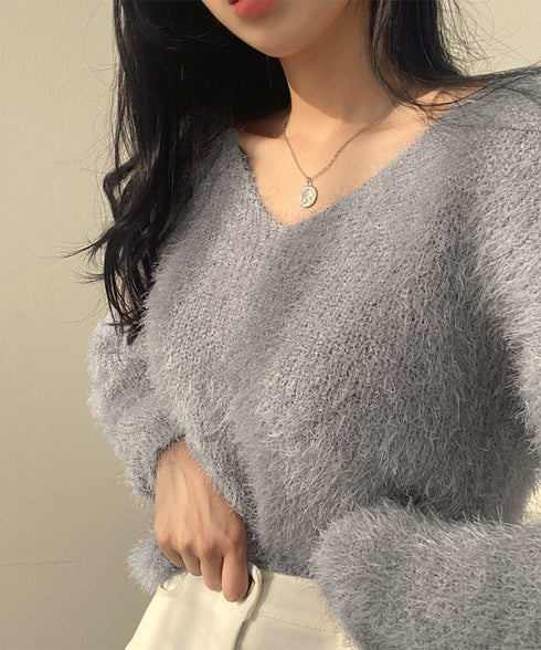 モヘア調ニット Vネックシャギートップス ふわふわシャギーニット レディース フェミニンな長袖ニットセーターきれいめ 韓国風 大人可愛いニットプルオーバーおしゃれ 80JRAN-001