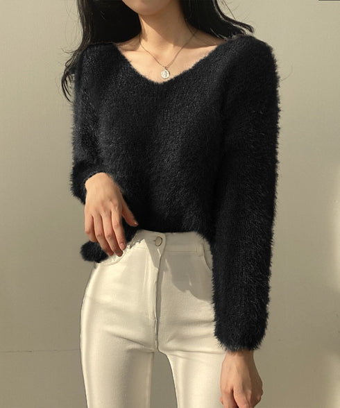 モヘア調ニット Vネックシャギートップス ふわふわシャギーニット レディース フェミニンな長袖ニットセーターきれいめ 韓国風 大人可愛いニットプルオーバーおしゃれ 80JRAN-001