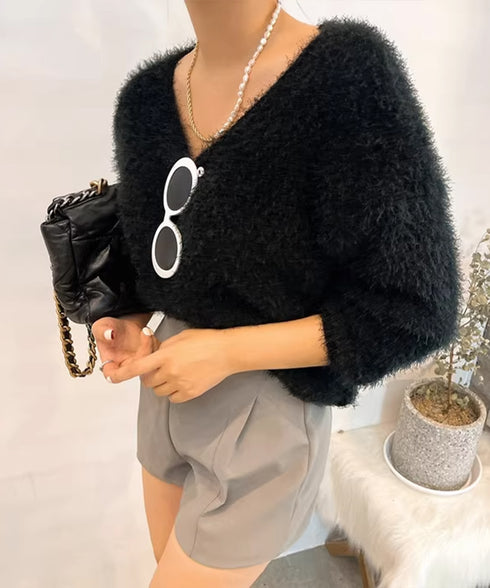 モヘア調ニット Vネックシャギートップス ふわふわシャギーニット レディース フェミニンな長袖ニットセーターきれいめ 韓国風 大人可愛いニットプルオーバーおしゃれ 80JRAN-001