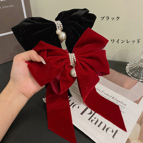 ビッグリボンバレッタ韓国ヘアアクセサリー キラキラベロア 大きめリボン 髪飾り 大人可愛いファッション小物 フェイクパール付き おしゃれ 髪留め 流行りボリューム 80JUNSHAN-001