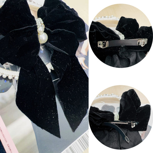 ビッグリボンバレッタ韓国ヘアアクセサリー キラキラベロア 大きめリボン 髪飾り 大人可愛いファッション小物 フェイクパール付き おしゃれ 髪留め 流行りボリューム 80JUNSHAN-001