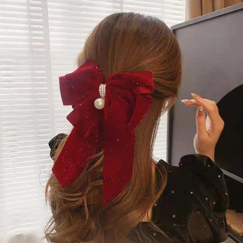 ビッグリボンバレッタ韓国ヘアアクセサリー キラキラベロア 大きめリボン 髪飾り 大人可愛いファッション小物 フェイクパール付き おしゃれ 髪留め 流行りボリューム 80JUNSHAN-001