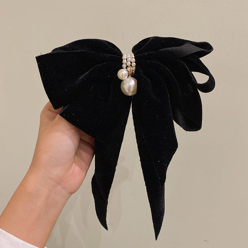 ビッグリボンバレッタ韓国ヘアアクセサリー キラキラベロア 大きめリボン 髪飾り 大人可愛いファッション小物 フェイクパール付き おしゃれ 髪留め 流行りボリューム 80JUNSHAN-001