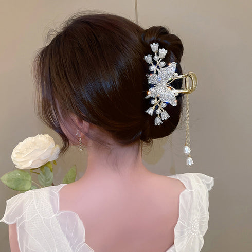 バタフライヘアクリップ タッセル 髪留め レディース 華やかヘアアクセサリー ゴージャスヘアアレンジ 大きめまとめ髪 パーティージュエリーエレガントバンスクリップ 80JUNSHAN-004