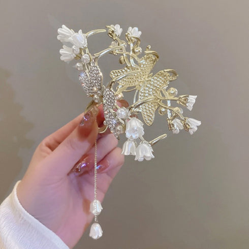 バタフライヘアクリップ タッセル 髪留め レディース 華やかヘアアクセサリー ゴージャスヘアアレンジ 大きめまとめ髪 パーティージュエリーエレガントバンスクリップ 80JUNSHAN-004