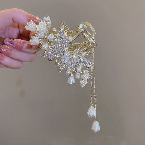 バタフライヘアクリップ タッセル 髪留め レディース 華やかヘアアクセサリー ゴージャスヘアアレンジ 大きめまとめ髪 パーティージュエリーエレガントバンスクリップ 80JUNSHAN-004