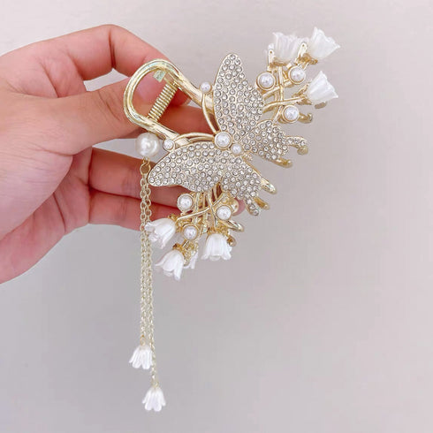 バタフライヘアクリップ タッセル 髪留め レディース 華やかヘアアクセサリー ゴージャスヘアアレンジ 大きめまとめ髪 パーティージュエリーエレガントバンスクリップ 80JUNSHAN-004