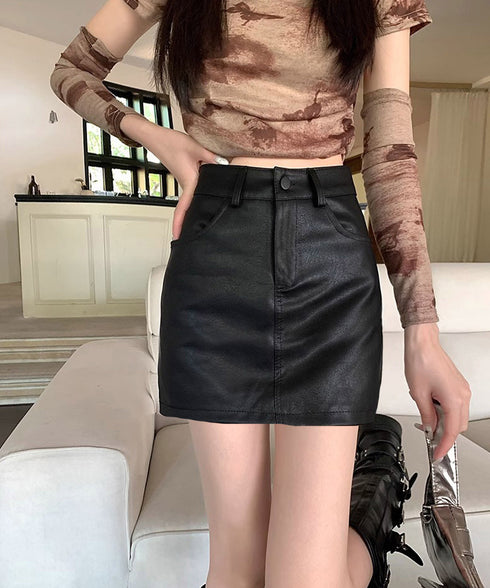 PUレザーミニスカートハイウエスト韓国風 セクシーショート丈スカート フロントポケット 秋冬膝上丈タイトスカート 美脚脚長スリムスカート お洒落合皮スカート細見え 80KALIN-001