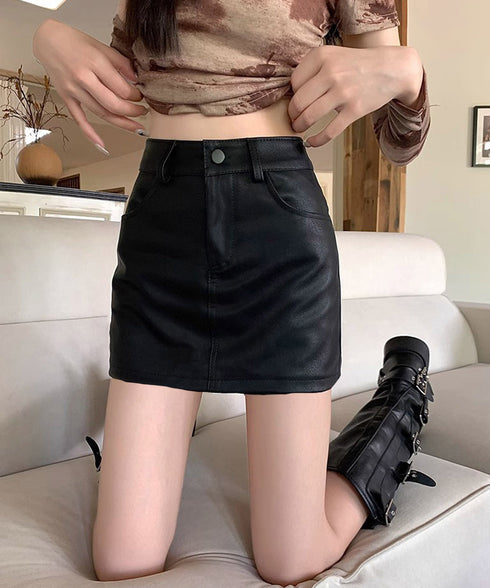 PUレザーミニスカートハイウエスト韓国風 セクシーショート丈スカート フロントポケット 秋冬膝上丈タイトスカート 美脚脚長スリムスカート お洒落合皮スカート細見え 80KALIN-001