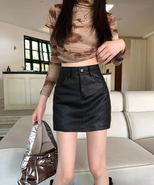 PUレザーミニスカートハイウエスト韓国風 セクシーショート丈スカート フロントポケット 秋冬膝上丈タイトスカート 美脚脚長スリムスカート お洒落合皮スカート細見え 80KALIN-001
