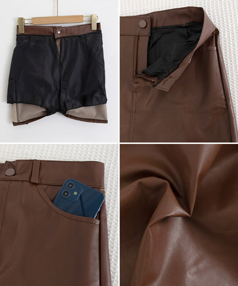 PUレザーミニスカートハイウエスト韓国風 セクシーショート丈スカート フロントポケット 秋冬膝上丈タイトスカート 美脚脚長スリムスカート お洒落合皮スカート細見え 80KALIN-001