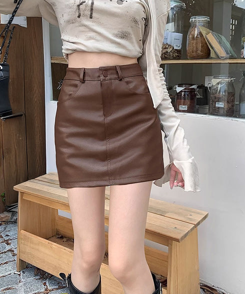 PUレザーミニスカートハイウエスト韓国風 セクシーショート丈スカート フロントポケット 秋冬膝上丈タイトスカート 美脚脚長スリムスカート お洒落合皮スカート細見え 80KALIN-001